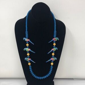 Vintage Wood Beaded Necklace Blue Painted Parrots Carved Screw Barrel Clasp